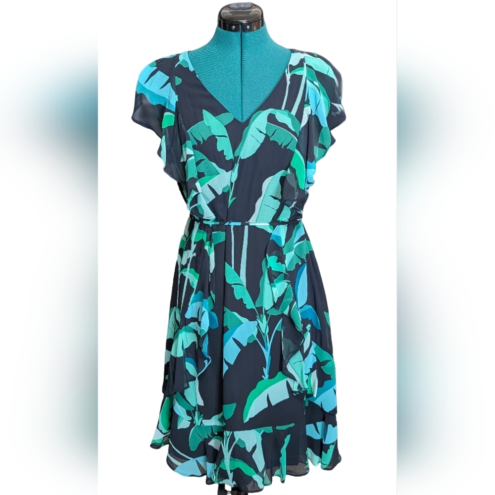 Tommy Hilfiger Tropical Print Ruffle Chiffon Dress